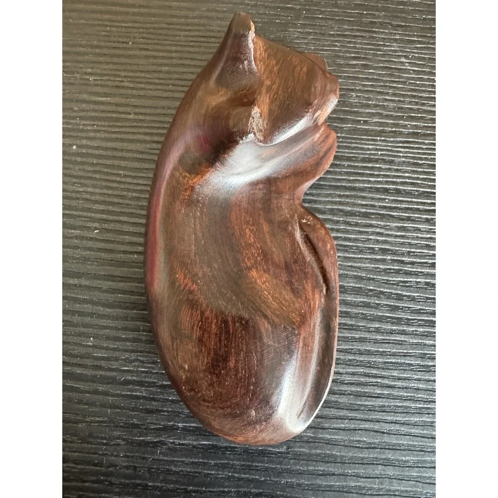 Sleeping Cat Figurine Ironwood Carved Wood Dark Brown 4.25